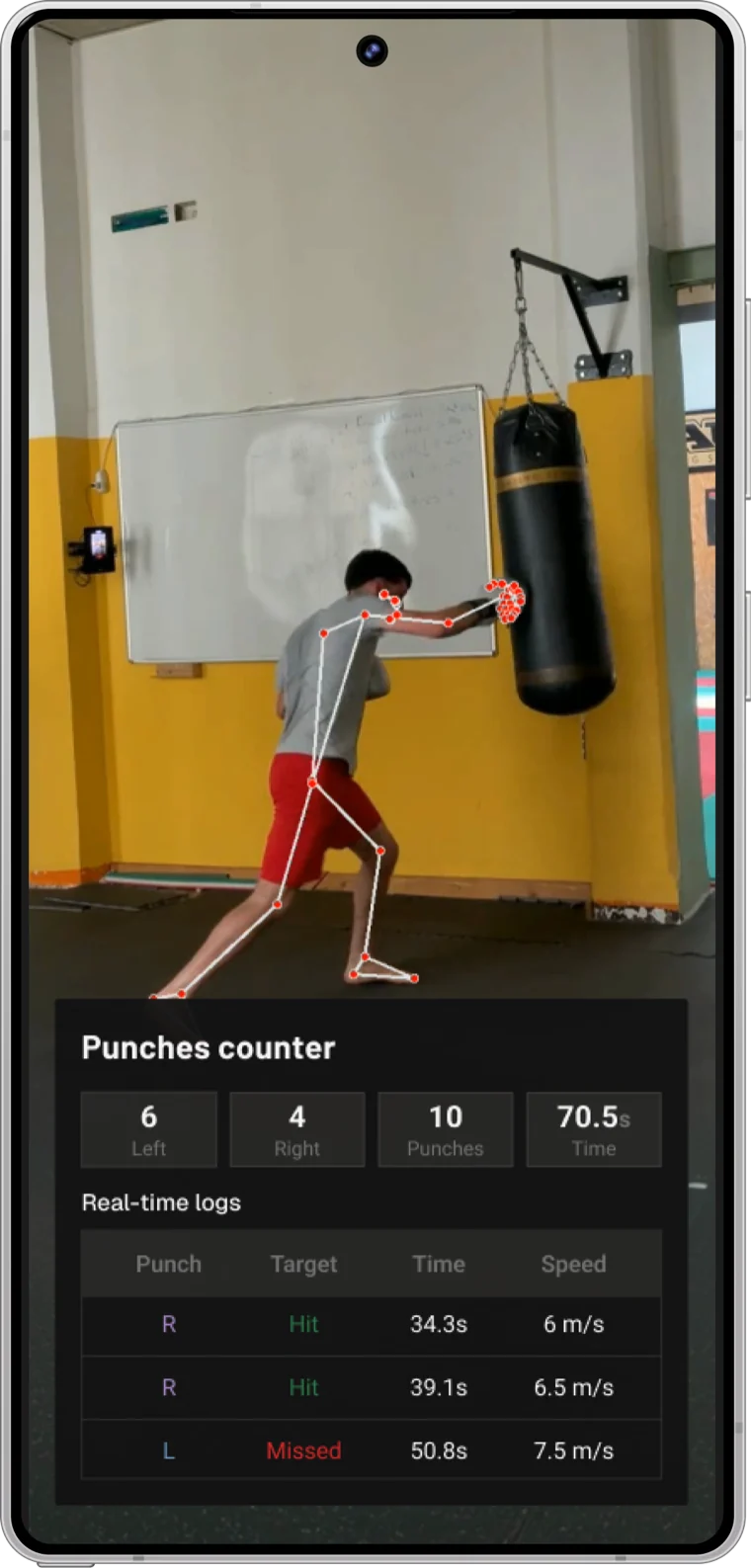 The P2Cam app counting punches in real time: 10 punches total, with speed and target logged for each one.